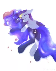 Size: 2367x3000 | Tagged: safe, artist:nyota71, derpibooru import, princess luna, oc, alicorn, pegasus, pony, bedroom eyes, canon x oc, commission, cuddling, duo, ethereal mane, eyes closed, female, heart, heart pillow, image, male, mare, pillow, png, rose petals, shipping, smiling, stallion, straight, ych result