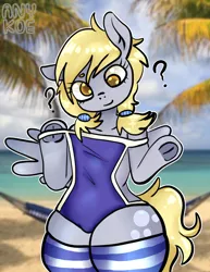 Size: 496x643 | Tagged: suggestive, artist:anykoe, derpibooru import, derpy hooves, semi-anthro, beach, clothes, cute, female, image, one-piece swimsuit, png, socks, solo, solo female, swimsuit