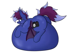 Size: 3000x2250 | Tagged: suggestive, artist:aaathebap, derpibooru import, oc, oc:aaaaaaaaaaa, unofficial characters only, bat pony, belly, belly bed, big belly, blueberry inflation, huge belly, image, impossibly large belly, inflation, png, simple background, solo, transparent background