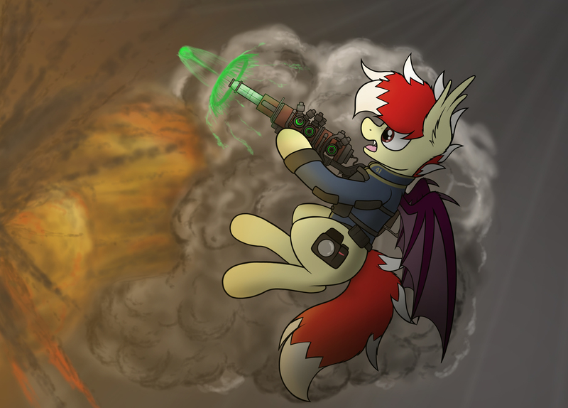 Size: 3491x2504 | Tagged: safe, artist:aaathebap, derpibooru import, oc, oc:aaaaaaaaaaa, bat pony, pony, fallout equestria, explosion, flying, image, jpeg, plasma gun, shooting