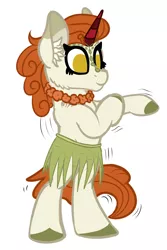 Size: 1720x2572 | Tagged: safe, artist:justapone, derpibooru import, autumn blaze, unicorn, bipedal, cheek fluff, clothes, colored, colored sketch, ear fluff, februpony, female, flat colors, grass skirt, hula, image, png, sketch, skirt, smiling, solo, solo female, species swap, standing