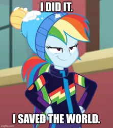 Size: 500x564 | Tagged: safe, derpibooru import, edit, edited screencap, screencap, rainbow dash, equestria girls, :t, caption, female, hand on hip, hat, image, image macro, imgflip, jontron, jpeg, lidded eyes, smiling, solo, text