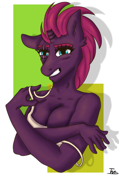 Size: 2000x2924 | Tagged: questionable, artist:shypuppy, derpibooru import, fizzlepop berrytwist, tempest shadow, anthro, unicorn, bra, breasts, busty tempest shadow, cleavage, clothes, embarrassed, female, gritted teeth, image, looking at you, png, solo, solo female, underwear