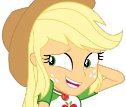 Size: 3725x3178 | Tagged: safe, artist:sketchmcreations, derpibooru import, applejack, equestria girls, equestria girls series, holidays unwrapped, spoiler:eqg series (season 2), applejack's hat, arm behind head, awkward smile, clothes, cowboy hat, female, freckles, geode of super strength, hat, image, looking away, magical geodes, o come all ye squashful, open mouth, png, shirt, simple background, smiling, stetson, transparent background, vector