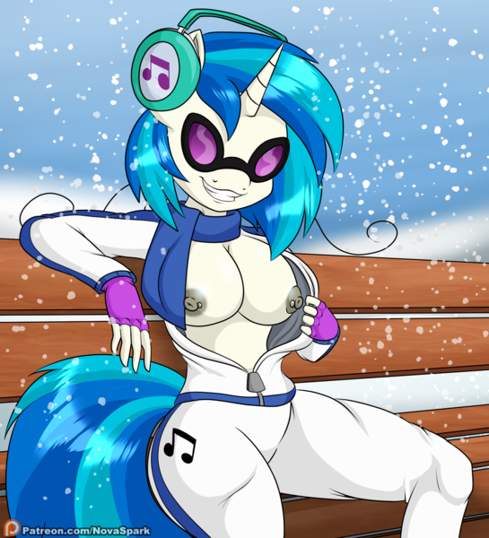 Size: 2000x2200 | Tagged: questionable, artist:novaspark, derpibooru import, part of a set, vinyl scratch, anthro, bench, breasts, busty vinyl scratch, clothes, exposed breasts, female, image, looking at you, nipple piercing, nipples, nudity, piercing, png, snow, snowfall, solo, solo female, unzipping