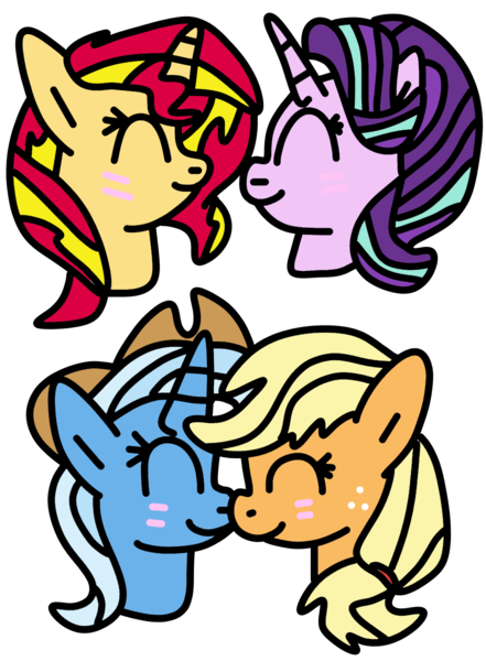 Size: 970x1320 | Tagged: safe, artist:icey-wicey-1517, artist:icicle-wicicle-1517, artist:jadeharmony, color edit, derpibooru import, edit, applejack, starlight glimmer, sunset shimmer, trixie, earth pony, pony, unicorn, accessory theft, applejack's hat, blushing, boop, bust, collaboration, colored, cowboy hat, female, freckles, hat, image, lesbian, mare, noseboop, png, shimmerglimmer, shipping, simple background, transparent background, tripplejack