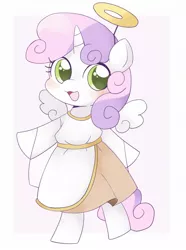 Size: 1460x1965 | Tagged: safe, artist:ginmaruxx, derpibooru import, sweetie belle, pony, unicorn, angel, angelic wings, bipedal, clothes, costume, cute, diasweetes, female, filly, floating wings, foal, halo, horn, image, jpeg, looking at you, open mouth, solo, technically alicorn, wings
