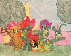 Size: 1280x1010 | Tagged: safe, artist:dipi11, artist:justinvaldecanas, derpibooru import, apple bloom, babs seed, scootaloo, sweetie belle, bird, penguin, crossover, cutie mark crusaders, image, jpeg, kowalski, movie reference, mutant, not creepy, private, rico, skipper, the penguins of madagascar