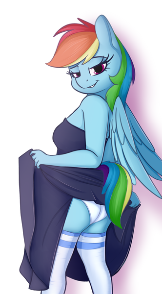 Size: 1795x3240 | Tagged: suggestive, artist:andelai, derpibooru import, rainbow dash, anthro, pegasus, bedroom eyes, butt, clothes, dress, female, image, looking at you, looking back, panties, png, rainbutt dash, simple background, skirt, skirt lift, smiling, smirk, socks, solo, thigh highs, underwear