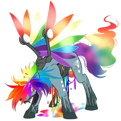 Size: 1024x1024 | Tagged: semi-grimdark, artist:starsinthedarkness, derpibooru import, rainbow dash, pegasus, pony, robot, fanfic:pegasus device, fanfic:rainbow factory, alternate cutie mark, amputee, artificial wings, augmented, bleeding, blood, evil, fanfic art, female, flowing tail, hair over one eye, image, open mouth, pegasus device, png, prosthetic limb, prosthetic wing, prosthetics, rainbot dash, rainbow blood, rainbow factory dash, rainbow sclera, simple background, solo, tail, teeth, transparent background, wings
