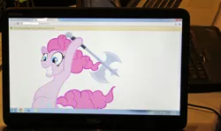 Size: 640x378 | Tagged: safe, derpibooru import, pinkie pie, earth pony, 2012, axe, computer, google chrome, hack, image, irl, jpeg, laptop computer, photo, weapon