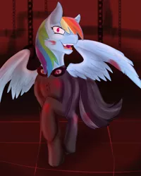 Size: 1000x1250 | Tagged: semi-grimdark, artist:akkirayz, derpibooru import, rainbow dash, pegasus, pony, fanfic:pegasus device, fanfic:rainbow factory, black suit, blood, blood on face, blood on tail, blood on wing, chains, dyed tail, fanfic art, fangs, female, goggles, goggles around neck, image, large wings, looking at you, open mouth, pegasus device, png, rainbow factory dash, raised hoof, solo, tail, teeth, walking, walking towards you, wings