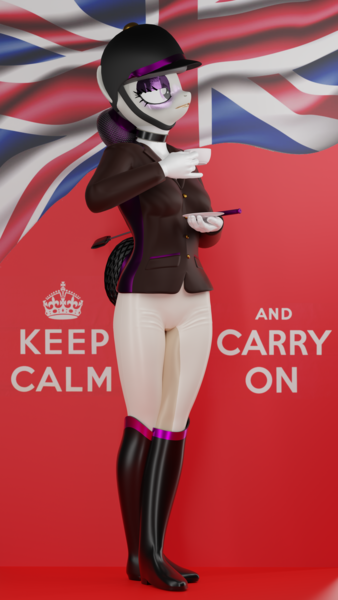 Size: 4320x7680 | Tagged: safe, artist:jdash, derpibooru import, octavia melody, anthro, boots, choker, clothes, cup, equestrian, flag, gloves, hard hat, hat, image, jacket, keep calm and carry on, makeup, parody, png, posh, propaganda parody, propaganda poster, riding attire, riding crop, saucer, shoes, standing, teacup, uniform, union jack