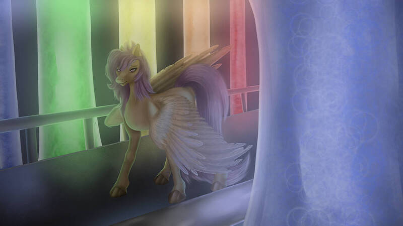 Size: 1192x670 | Tagged: safe, artist:ddashysfm, derpibooru import, scootaloo, pegasus, pony, fanfic:pegasus device, fanfic:rainbow factory, 2022, absentia, alternate hairstyle, fanfic art, female, frown, image, injured wing, jpeg, large wings, lineless, liquid rainbow, long tail, looking down, pegasus device, sad, solo, spectra, standing, tail, wings