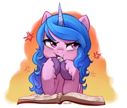 Size: 2997x2557 | Tagged: safe, artist:maren, derpibooru import, izzy moonbow, pony, unicorn, angry, book, cute, eating, female, g5, image, izzybetes, kimiko glenn, mare, paper, png, solo, unshorn fetlocks, voice actor joke