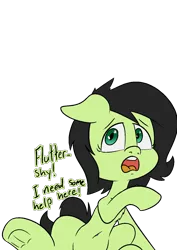 Size: 1000x1414 | Tagged: safe, alternate version, artist:happy harvey, derpibooru import, oc, oc:anonfilly, unofficial characters only, pony, belly button, dialogue, drawn on phone, female, filly, floppy ears, frog (hoof), image, implied fluttershy, png, scared, simple background, solo, transparent background, underhoof