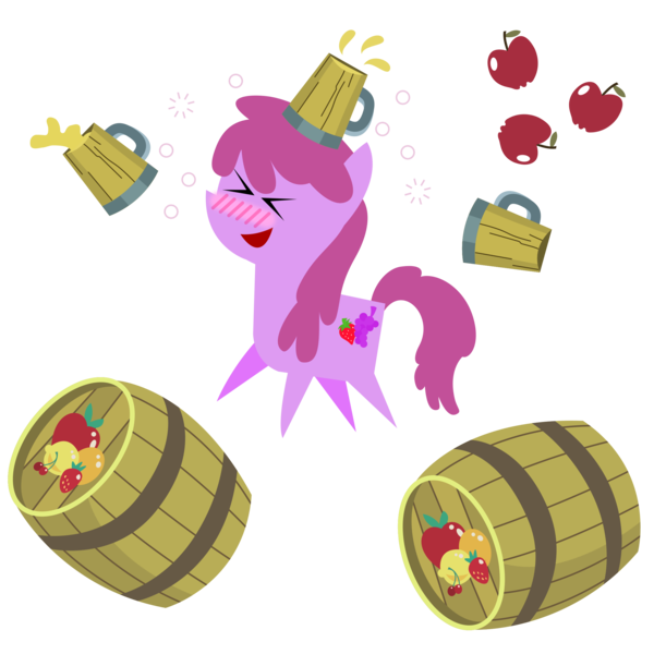 Size: 2401x2401 | Tagged: safe, artist:sketchmcreations, derpibooru import, berry punch, berryshine, earth pony, pony, ><, apple, barrel, blushing, cider, drunk, drunk bubbles, eyes closed, female, food, image, inkscape, jumping, mare, mug, open mouth, open smile, png, pointy ponies, simple background, smiling, spill, spilled drink, tankard, transparent background, vector