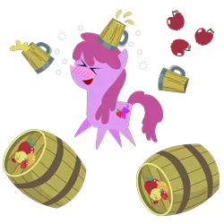 Size: 2401x2401 | Tagged: safe, artist:sketchmcreations, derpibooru import, berry punch, berryshine, earth pony, pony, ><, apple, barrel, blushing, cider, drunk, drunk bubbles, eyes closed, female, food, image, inkscape, jumping, mare, mug, open mouth, open smile, png, pointy ponies, simple background, smiling, spill, spilled drink, tankard, transparent background, vector