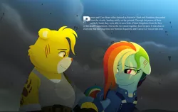 Size: 7113x4500 | Tagged: safe, artist:heavysplatter, derpibooru import, rainbow dash, pony, absurd resolution, alternate universe, care bears, clothes, crossover, crossover shipping, eye scar, female, floppy ears, funshine bear, image, looking at each other, looking at someone, male, mare, png, scar, shipping, straight, text, uniform