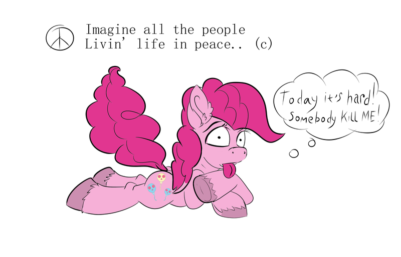 Size: 2000x1284 | Tagged: artist needed, questionable, derpibooru import, pinkie pie, earth pony, pony, comic, dark, image, john lennon, png, simple background, unshorn fetlocks, white background