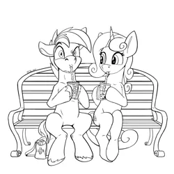 Size: 1800x1800 | Tagged: safe, artist:tsitra360, derpibooru import, button mash, sweetie belle, earth pony, pony, unicorn, bench, black and white, bubble tea, duo, female, grayscale, image, implied shipping, jpeg, lineart, male, monochrome, nintendo switch, older, older button mash, older sweetie belle, shipping, sipping, sitting, straight, sweetiemash