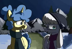 Size: 3174x2160 | Tagged: safe, artist:dark shadow, derpibooru import, oc, oc:blueberry muffin, oc:dia gram, earth pony, pony, unicorn, beanie, clothes, glasses, hat, image, night, pine tree, png, scarf, smiling, snow, stars, tree