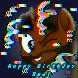 Size: 3379x3379 | Tagged: safe, artist:lincolnbrewsterfan, derpibooru import, oc, oc:willing vision, unicorn, fallout equestria, my little pony: the movie, rainbow roadtrip, .svg available, beard, birthday gift, blue background, chromatic aberration, clothes, confetti, distortion, eyestrain warning, facial hair, fallout equestria font, gift art, grin, happy birthday, horn, image, moustache, movie accurate, one eye closed, png, realistic mane, simple background, smiling, stallion oc, text, unicorn oc, vault suit, vector, wink