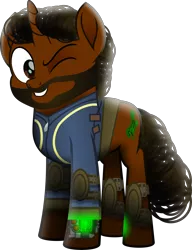 Size: 4673x6086 | Tagged: safe, alternate version, artist:lincolnbrewsterfan, derpibooru import, oc, oc:willing vision, unofficial characters only, unicorn, fallout equestria, my little pony: the movie, rainbow roadtrip, .svg available, beard, birthday gift, clothes, facial hair, full body, gift art, grin, horn, image, inkscape, moustache, movie accurate, one eye closed, pipbuck, pipbuck 3000, png, realistic mane, simple background, smiling, stallion oc, standing, transparent background, unicorn oc, vault suit, vector, wink