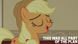 Size: 1280x720 | Tagged: safe, derpibooru import, edit, edited screencap, editor:quoterific, screencap, applejack, earth pony, pony, season 6, viva las pegasus, applejack's hat, cowboy hat, eyes closed, female, hat, image, jpeg, mare, open mouth, open smile, smiling, solo, text