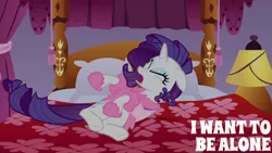 Size: 1280x720 | Tagged: safe, derpibooru import, edit, edited screencap, editor:quoterific, screencap, rarity, pony, unicorn, season 1, suited for success, bed, carousel boutique, eyes closed, female, floppy ears, image, jpeg, mare, marshmelodrama, open mouth, rarity being rarity, solo, text
