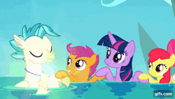 Size: 640x360 | Tagged: safe, derpibooru import, screencap, apple bloom, scootaloo, sweetie belle, terramar, twilight sparkle, twilight sparkle (alicorn), alicorn, earth pony, hippogriff, pegasus, pony, seapony (g4), unicorn, season 8, surf and/or turf, spoiler:s08, animated, apple bloom's bow, bow, bubble, cutie mark crusaders, eyes closed, female, filly, fish tail, flowing mane, flowing tail, foal, gif, gifs.com, hair bow, image, male, mare, ocean, open mouth, open smile, seaponified, seapony apple bloom, seapony scootaloo, seapony sweetie belle, seapony twilight, smiling, species swap, tail, transformation, underwater, water