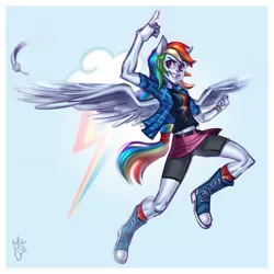 Size: 1754x1754 | Tagged: safe, artist:8rainbowjack8, derpibooru import, rainbow dash, equestria girls, clothes, compression shorts, cutie mark background, feather, female, flying, four ears, image, jpeg, ponied up, solo