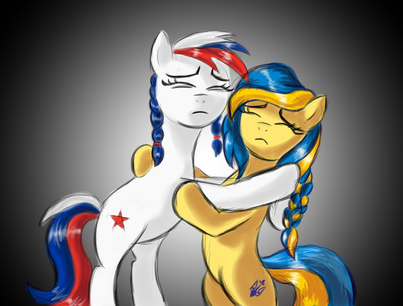 Size: 5000x3800 | Tagged: safe, artist:arkhat, artist:arkhat theartist, derpibooru import, oc, oc:marussia, oc:ukraine, ponified, earth pony, pony, bipedal, current events, duo, duo female, female, hug, image, nation ponies, png, russia, sad, ukraine