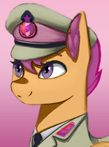 Size: 156x210 | Tagged: safe, artist:mrscroup, artist:mustaphatr, derpibooru import, scootaloo, pegasus, pony, bust, cap, clothes, cutie mark, female, gradient background, hat, image, military uniform, necktie, older, older scootaloo, picture for breezies, png, portrait, uniform