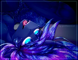 Size: 1436x1100 | Tagged: suggestive, artist:goddamncat, derpibooru import, princess luna, alicorn, pony, ahegao, bedroom eyes, close-up, cropped, cropped porn, eyes rolling back, female, frog (hoof), head only, image, implied sex, lidded eyes, open mouth, png, sharp teeth, simple background, solo, solo female, teeth, tongue out, underhoof, upside down, wings