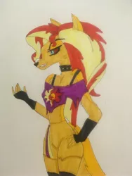 Size: 3024x4032 | Tagged: safe, artist:carlos324, derpibooru import, sunset shimmer, anthro, hellhound, clothes, helluva boss, image, jpeg, marker drawing, sexy, solo, species swap, traditional art