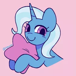 Size: 1007x1000 | Tagged: safe, artist:risswm, derpibooru import, trixie, pony, unicorn, commission, cute, diatrixes, female, hug, image, mare, pillow, pillow hug, pink background, png, simple background, smiling, solo, ych result