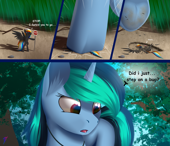 Size: 7000x6000 | Tagged: suggestive, artist:skanim-sdw, derpibooru import, oc, oc:chrystal, oc:darky wings, unofficial characters only, pegasus, pony, unicorn, comic, crushing, dirty, dirty hooves, female, females only, fetish, forest, forest background, giantess, grass, ground, hoofprint, hoofprints, hooves, image, looking down, macro, macro/micro, mare, micro, png, raised hoof, stomp, stomped, stomping, stop sign, story included, text, tiny, tiny ponies, tree, unaware, underhoof