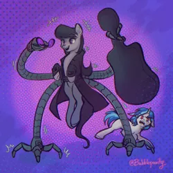 Size: 3000x3000 | Tagged: safe, artist:bubblepurity, derpibooru import, octavia melody, vinyl scratch, earth pony, octopus, pony, unicorn, cello, cello case, crossover, doctor octavia, doctor octopus, female, glasses, glasses off, image, lesbian, marvel, musical instrument, png, scratchtavia, shipping