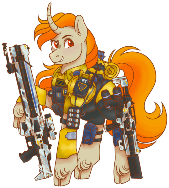 Size: 2108x2346 | Tagged: safe, artist:fizzmitz, derpibooru import, oc, oc:tekkitbeasting, unofficial characters only, pony, unicorn, armor, armored pony, chestplate, curved horn, ear fluff, grenade, gun, horn, image, long mane, male, new conglomerate, planetside, planetside 2, png, rifle, simple background, stallion, submachinegun, transparent background, unshorn fetlocks, weapon