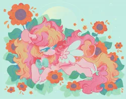 Size: 1653x1303 | Tagged: safe, artist:astro_eden, derpibooru import, oc, oc:ninny, unofficial characters only, pegasus, pony, bowtie, female, flower, heterochromia, image, jpeg, lying down, mare, sunflower