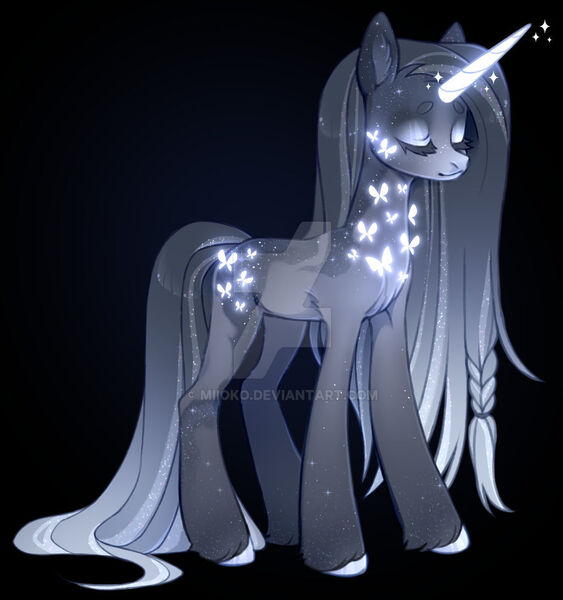 Size: 1024x1091 | Tagged: safe, artist:miioko, derpibooru import, oc, unofficial characters only, pony, unicorn, black background, deviantart watermark, eyes closed, female, glow, glowing horn, horn, image, jpeg, mare, obtrusive watermark, simple background, solo, unicorn oc, watermark