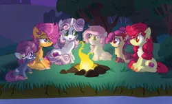 Size: 4584x2774 | Tagged: safe, artist:dinkydoolove, derpibooru import, apple bloom, scootaloo, sweetie belle, oc, unofficial characters only, pony, unicorn, base used, campfire, cutie mark, cutie mark crusaders, female, filly, foal, image, mare, outdoors, png, raised hoof, smiling, the cmc's cutie marks