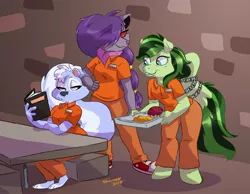 Size: 2175x1686 | Tagged: safe, artist:rooooox, derpibooru import, oc, oc:eden shallowleaf, anthro, skunk, book, bound wings, cafeteria, chains, furry, image, jail, jpeg, pokémon, prison, prisoner, wings