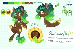 Size: 1600x1068 | Tagged: safe, artist:kaikururu, derpibooru import, oc, oc:sunflower, mantis, pegasus, pony, colored hooves, colored wings, female, freckles, heterochromia, image, mare, pegasus oc, png, reference sheet, smiling, two toned wings, wings