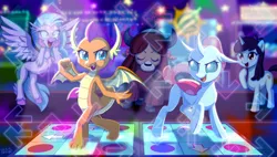 Size: 1800x1020 | Tagged: safe, artist:uotapo, derpibooru import, ocellus, silverstream, smolder, yona, changedling, changeling, dragon, earth pony, hippogriff, pony, yak, dance dance revolution, dancing, female, image, jpeg, mare, uotapo is trying to murder us