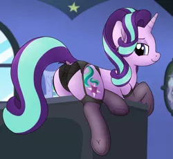 Size: 2101x1937 | Tagged: suggestive, artist:noosa, derpibooru import, starlight glimmer, pony, unicorn, bust, butt, clothes, desk, dock, female, frog (hoof), garter belt, glimmer glutes, hooves, horn, image, lingerie, looking at you, lying down, mare, panties, plot, png, portrait, smiling, socks, solo, solo female, starlight's room, stockings, tail, thigh highs, underhoof, underwear, window