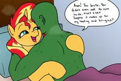Size: 1800x1200 | Tagged: suggestive, artist:pony quarantine, derpibooru import, sunset shimmer, oc, oc:anon, human, pony, unicorn, equestria girls, bed, blanket, canon x oc, duo, human on pony action, image, interspecies, jpeg, simple background, speech bubble, text