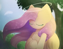 Size: 2550x2000 | Tagged: safe, artist:miryelis, derpibooru import, fluttershy, pegasus, big ears, cute, eyes closed, flower, flower in hair, forest, forest background, halo, image, long hair, png, smiling, solo, tree, wings