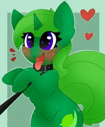 Size: 2489x3000 | Tagged: suggestive, artist:pegamutt, derpibooru import, oc, oc:lime dream, unofficial characters only, pony, unicorn, collar, commission, female, freckles, heart, image, leash, looking at you, pet play, png, simple background, smiling, smiling at you, solo, solo female, tongue out, ych result, your character here